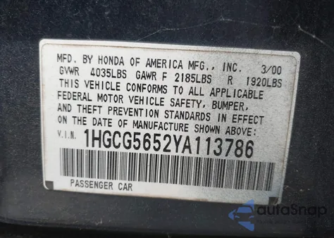 2000 Honda Accord 2.3 Ex z USA, uszkodzony, nr VIN 1HGCG5652YA113786